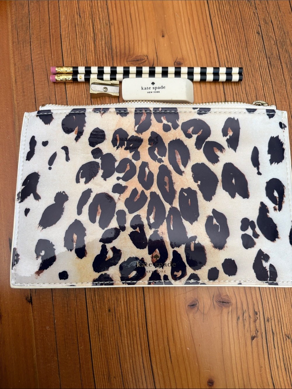 kate spade Leopard Print Zip Pouch in Black and Cream with Gold Accents